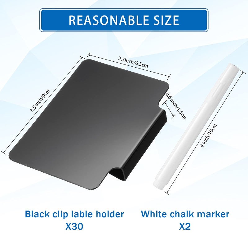 Chinco 32 Pieces Basket Labels Clip Set, Include 30 Pieces Kitchen Clip Label Holder Removable PVC Bin with 2 Pieces Chalk Marker for Basket Pantry Organization Box (Black Label Clip, White Pen) - Image 2