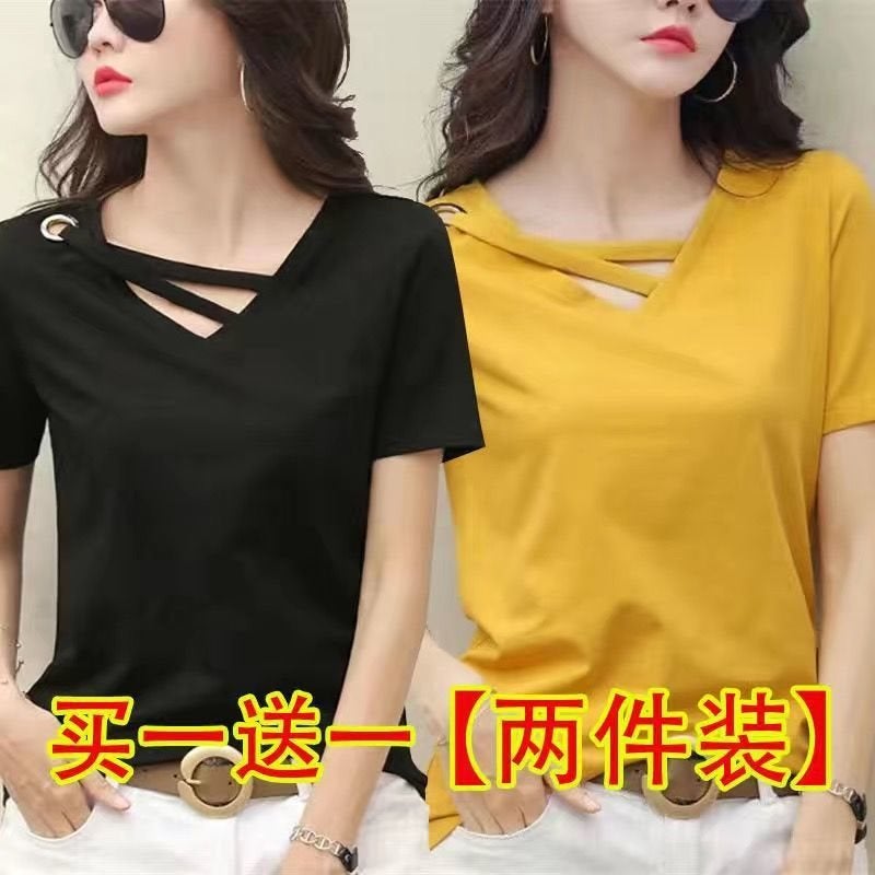 Contains Cotton Single/Two-Piece 2022 New Summer Korean Style V Neck Short-Sleeved T-Shirt for Female Students Loose Large Size Tops Black+yellow