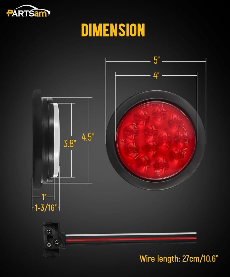 Partsam 8Pcs 4" Round Red LED Trailer Tail Light, 4 Inch Round Led Stop Turn Tail Lights Brake Brake Trailer Lights for RV Trucks, Rubber Grommets and 3-Prong Wire Pigtails Included - Image 5