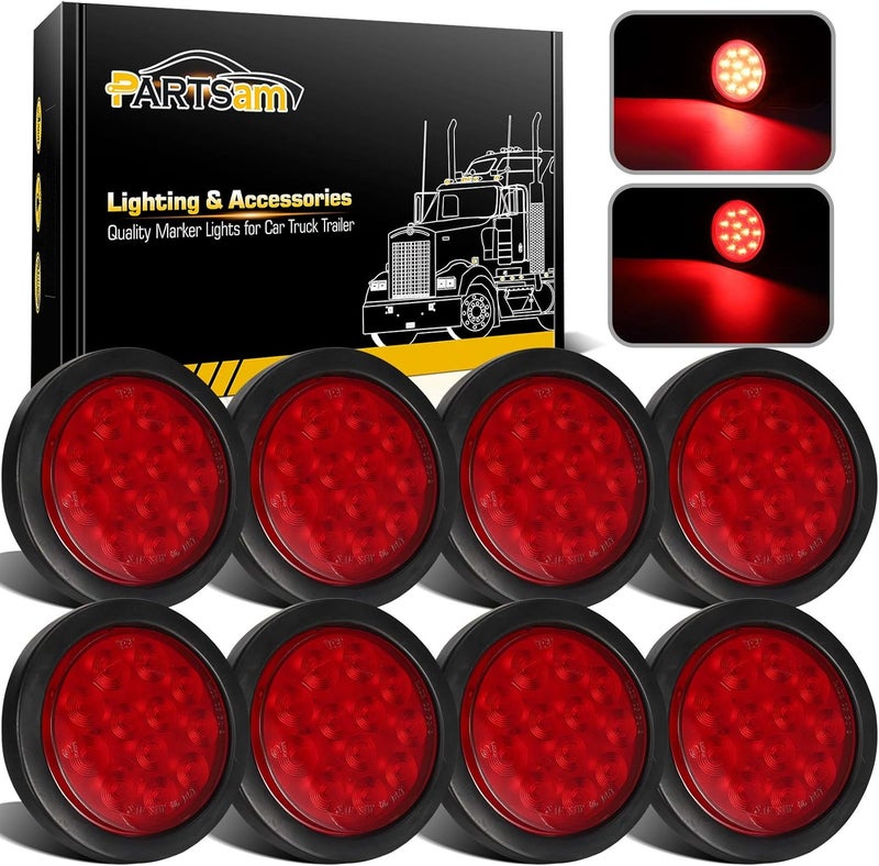 Partsam 8Pcs 4" Round Red LED Trailer Tail Light, 4 Inch Round Led Stop Turn Tail Lights Brake Brake Trailer Lights for RV Trucks, Rubber Grommets and 3-Prong Wire Pigtails Included - Image 1