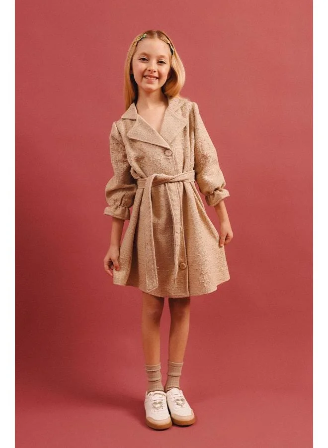 Perendi Girl's Buttoned Belted Plain Sleeve Trench Coat Dress – Special Occasion Set.