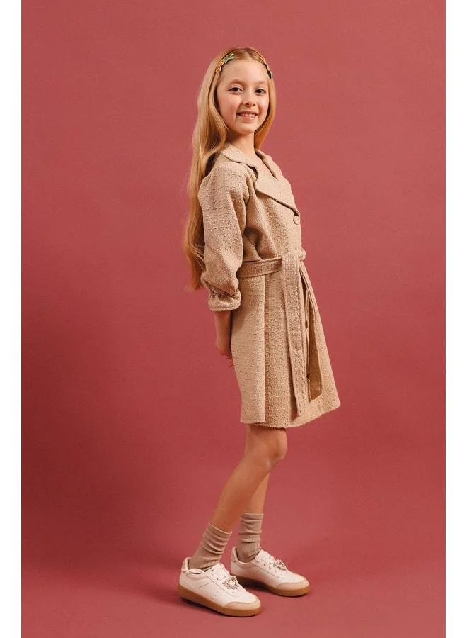 Perendi Girl's Buttoned Belted Plain Sleeve Trench Coat Dress – Special Occasion Set.