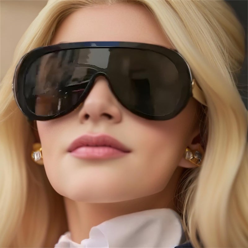 willochra Oversized Pilot Sunglasses Women Fashion Big Frame One Piece Sun Glasses Mask Goggle Trendy Metal Frame Oval Shades (BLACK) - Image 2