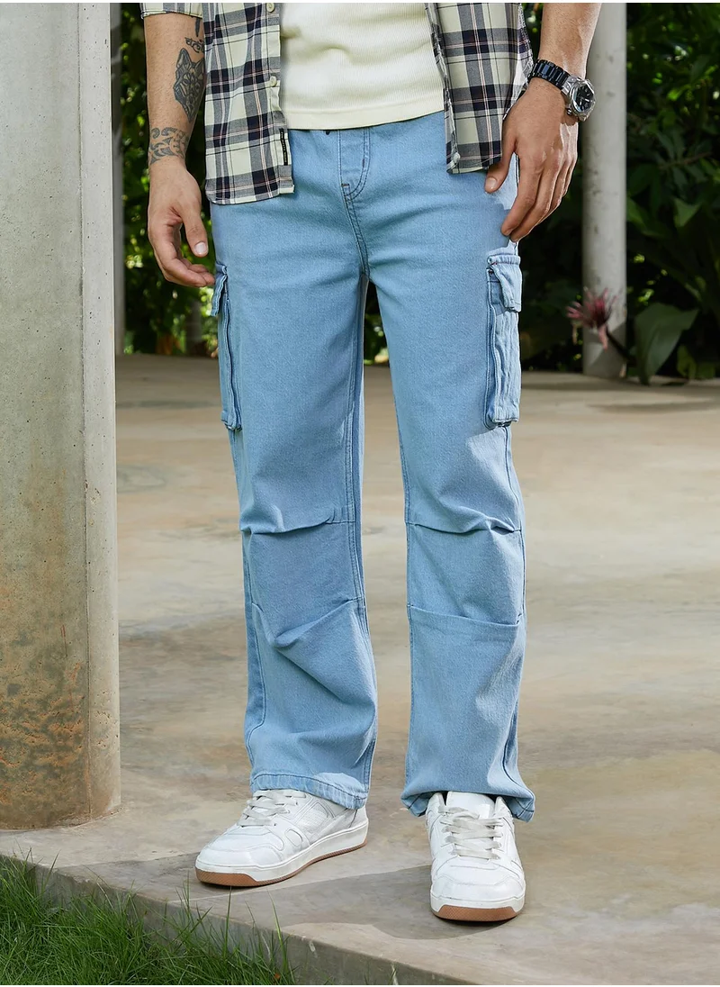 Campus Sutra Campus Sutra Men's Sky Blue Straight-Leg Parachute Denim Jeans For Casual Wear | Mid-Rise | Straight Fit | Drawstring Closure | Denim Jeans Crafted With Comfort Fit For Everyday Wear