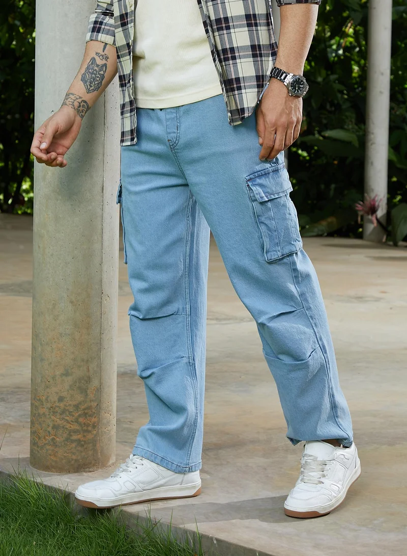 Campus Sutra Campus Sutra Men's Sky Blue Straight-Leg Parachute Denim Jeans For Casual Wear | Mid-Rise | Straight Fit | Drawstring Closure | Denim Jeans Crafted With Comfort Fit For Everyday Wear