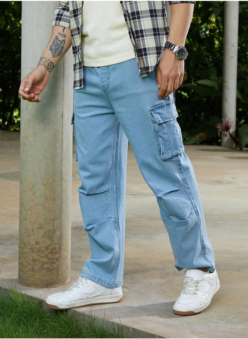 Campus Sutra Campus Sutra Men's Sky Blue Straight-Leg Parachute Denim Jeans For Casual Wear | Mid-Rise | Straight Fit | Drawstring Closure | Denim Jeans Crafted With Comfort Fit For Everyday Wear  - Image 3