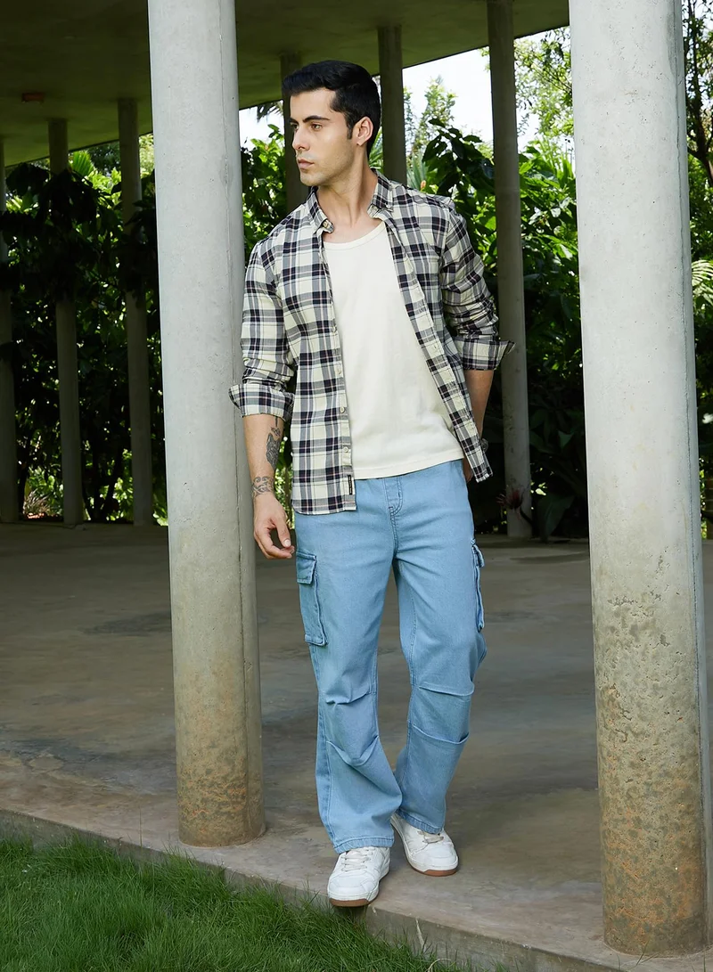Campus Sutra Campus Sutra Men's Sky Blue Straight-Leg Parachute Denim Jeans For Casual Wear | Mid-Rise | Straight Fit | Drawstring Closure | Denim Jeans Crafted With Comfort Fit For Everyday Wear