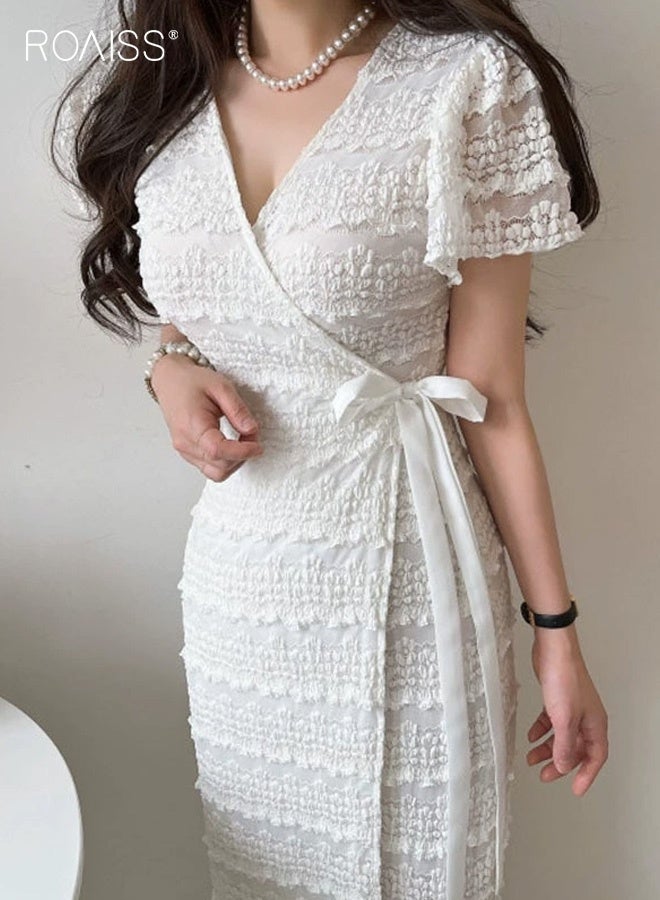 roaiss Women's V-Neck Lace Short-Sleeved Tie-Waist Crochet Dress High-Waisted, Fitted, Summer Dress Comfortable Breathable Dress Perfect for Vacations Casual Wear Everyday Occasions White - Image 3