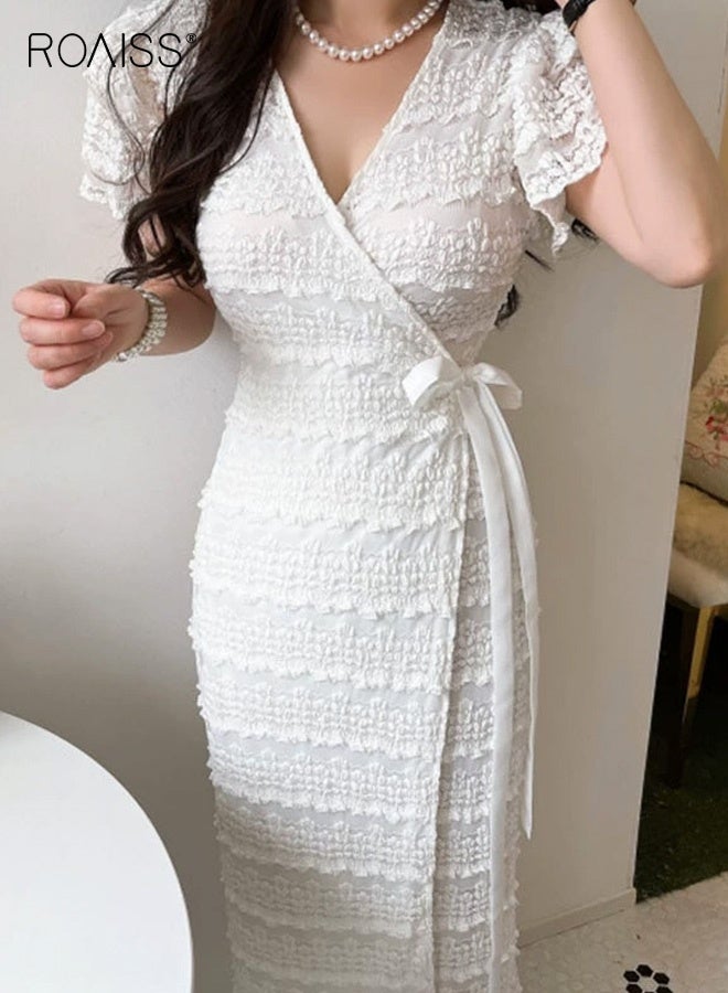 roaiss Women's V-Neck Lace Short-Sleeved Tie-Waist Crochet Dress High-Waisted, Fitted, Summer Dress Comfortable Breathable Dress Perfect for Vacations Casual Wear Everyday Occasions White - Image 2