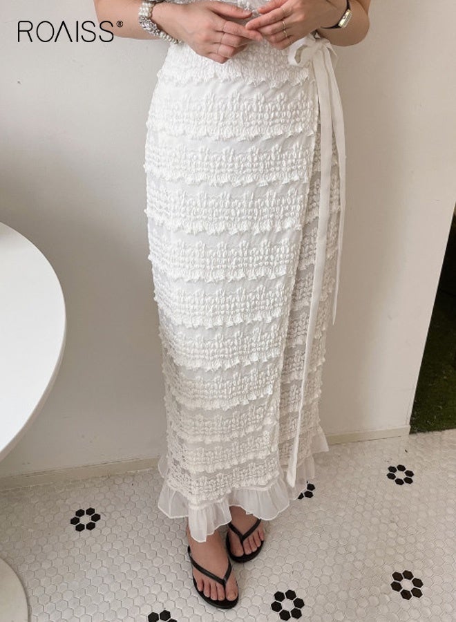 roaiss Women's V-Neck Lace Short-Sleeved Tie-Waist Crochet Dress High-Waisted, Fitted, Summer Dress Comfortable Breathable Dress Perfect for Vacations Casual Wear Everyday Occasions White - Image 4