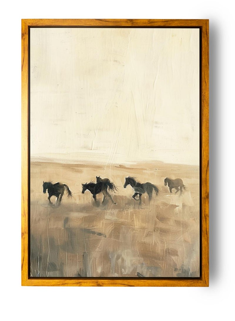 LOWHA Canvas Wall Art Stretched Over Wooden Frame with Wooden Color Floating Frame and Vintage Style Group of Horses Painting - Image 5