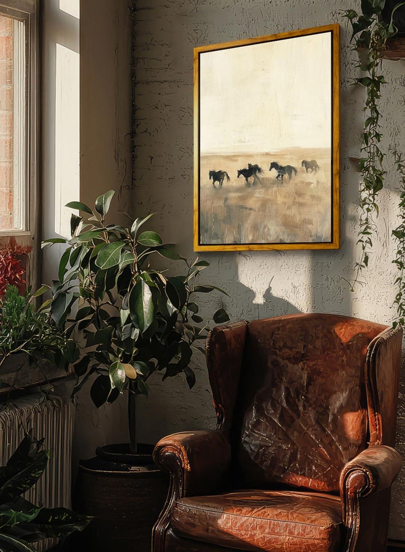 LOWHA Canvas Wall Art Stretched Over Wooden Frame with Wooden Color Floating Frame and Vintage Style Group of Horses Painting - Image 2