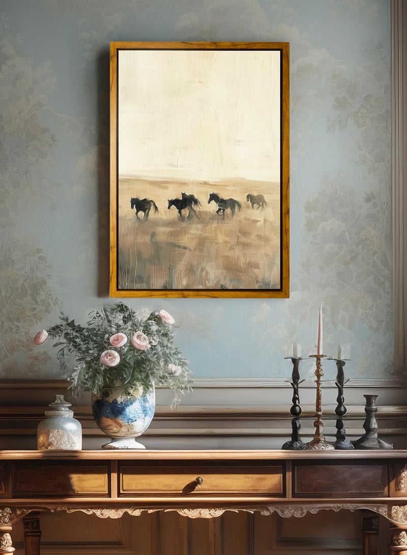 LOWHA Canvas Wall Art Stretched Over Wooden Frame with Wooden Color Floating Frame and Vintage Style Group of Horses Painting - Image 3