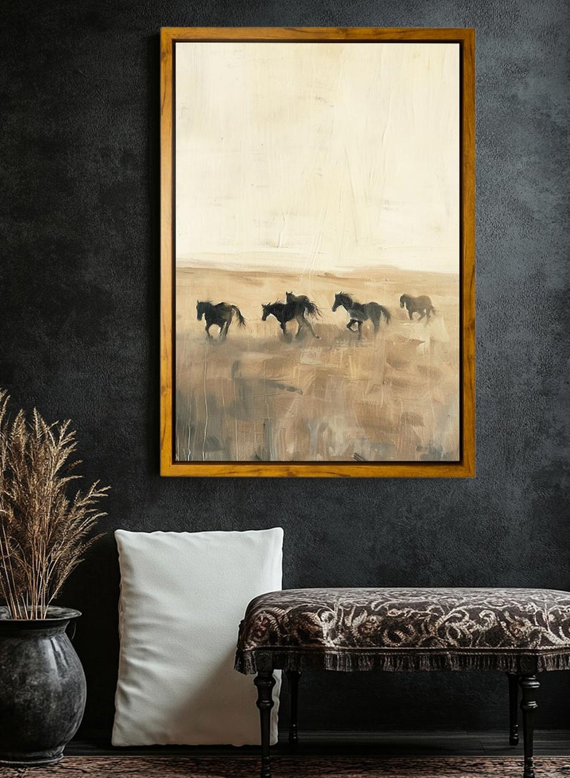 LOWHA Canvas Wall Art Stretched Over Wooden Frame with Wooden Color Floating Frame and Vintage Style Group of Horses Painting - Image 4