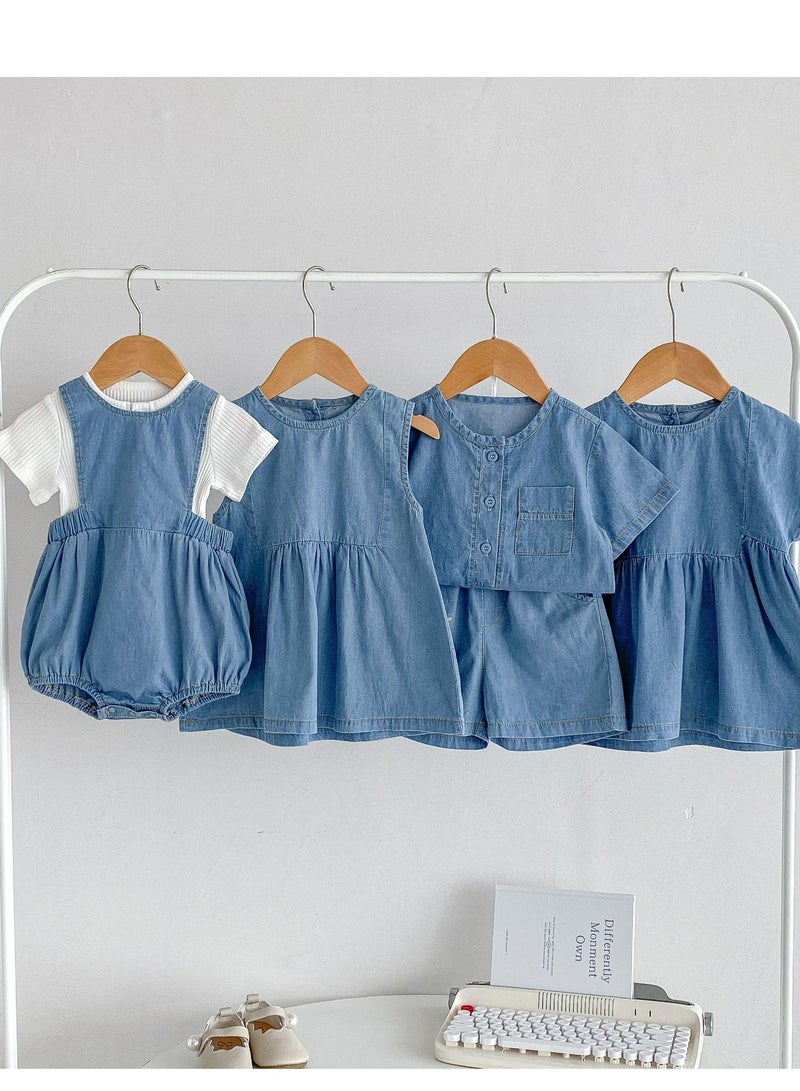 Baby Sleeveless Cotton Lace Vest, Super Cute Bread Denim Short Sleeved Shirt Shorts Set - Image 3