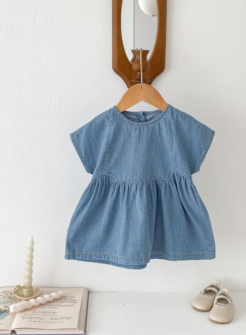 Baby Sleeveless Cotton Lace Vest, Super Cute Bread Denim Short Sleeved Shirt Shorts Set - Image 1