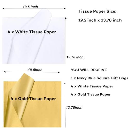 JUNESHE XL Large Navy Blue Square Gift Bag with Handles &Tissue Paper, 11.8 inch Giant Big Gift Wrap for Birthday Wedding Party Favors - Image 3