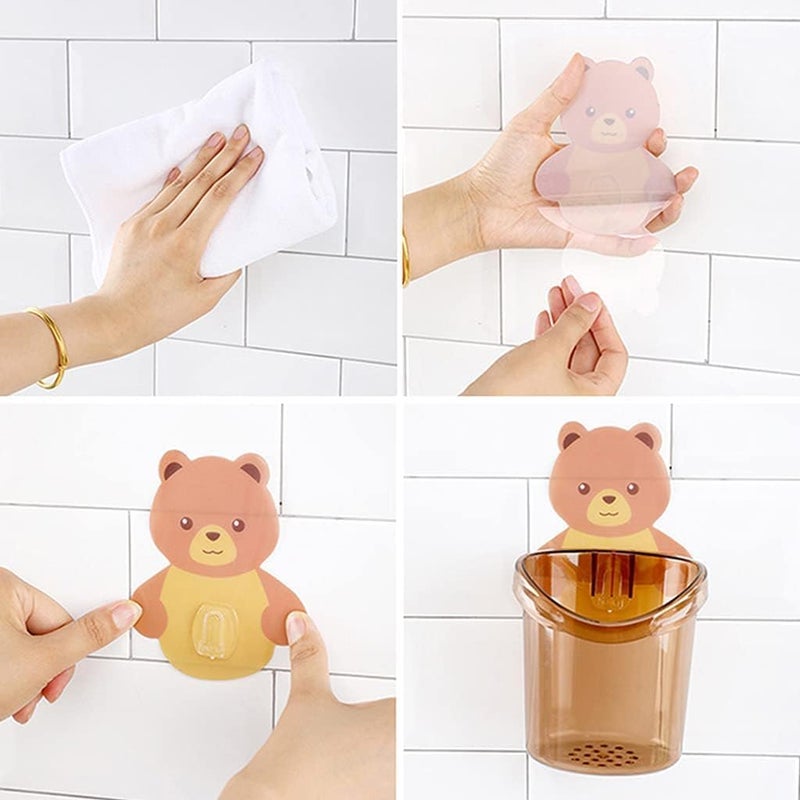 Zeccorp Cute Bear Wall-Mounted Toothbrush Holder with Drainage Cup, Self-Adhesive Bathroom Organiser, 2-Pack, Brown and Grey (5) - Image 4