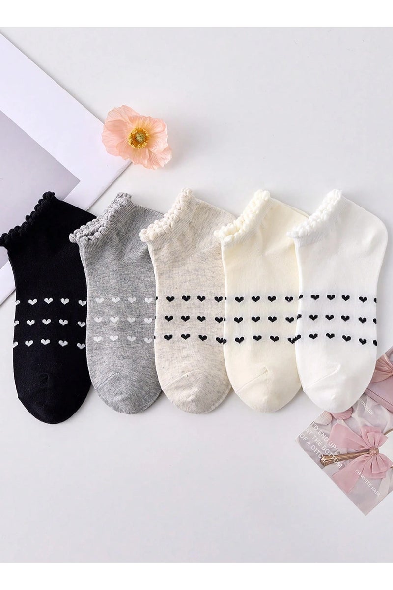 مجموعة 5 أزواج جوارب كاحل نسائية بتصميم قلب من الدانتيل بألوان متنوعة لجميع الفصول - Image 4