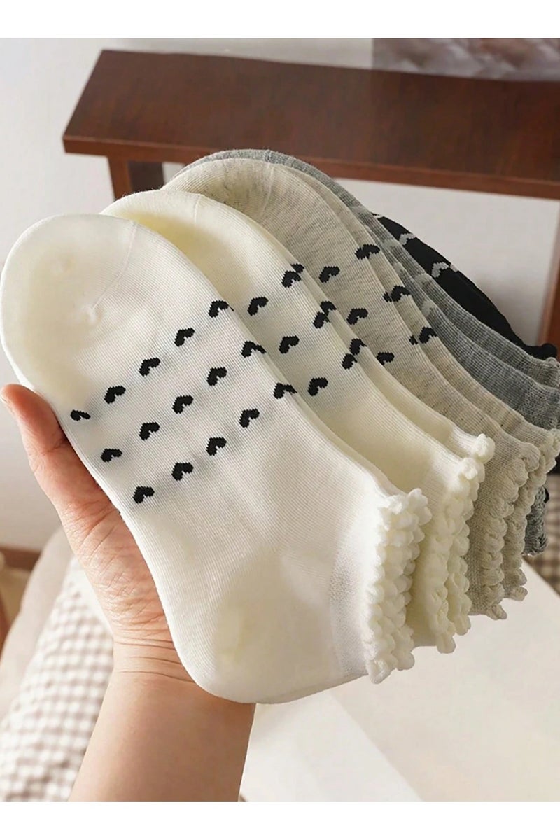 مجموعة 5 أزواج جوارب كاحل نسائية بتصميم قلب من الدانتيل بألوان متنوعة لجميع الفصول - Image 3