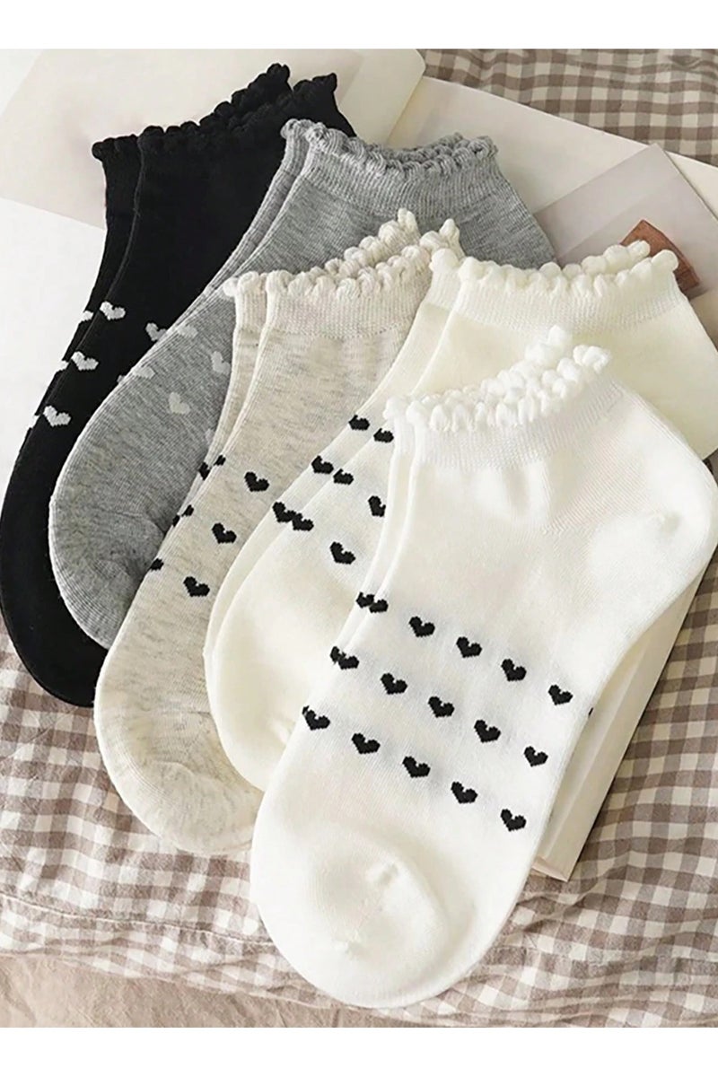 مجموعة 5 أزواج جوارب كاحل نسائية بتصميم قلب من الدانتيل بألوان متنوعة لجميع الفصول - Image 2