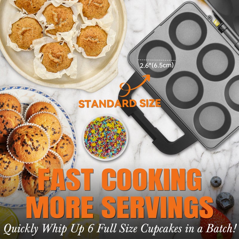 Graphite Electric Cupcake Maker Bakes Six Cupcakes Non Stick Surface Quick Heating - Image 3