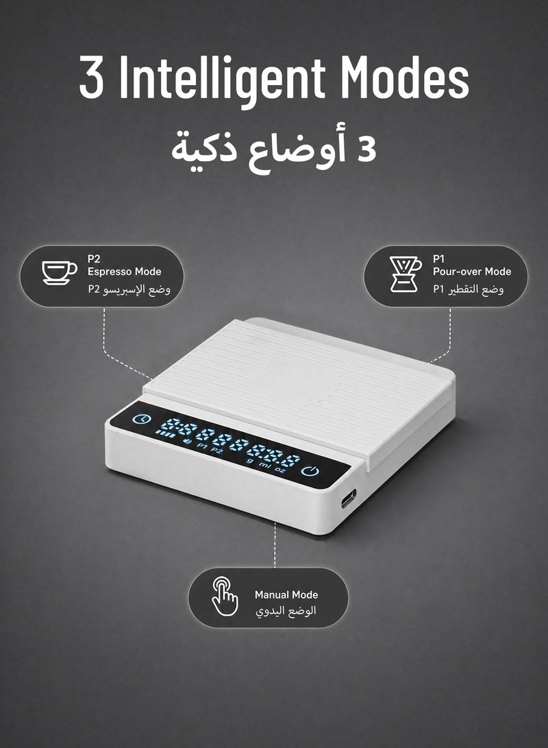 ميزان قهوة ميني ذكي مع مؤقت، دقة 0.1 جرام، سعة 2 كجم، قابل للشحن عبر Type-C، 3 أوضاع، أبيض - Image 2