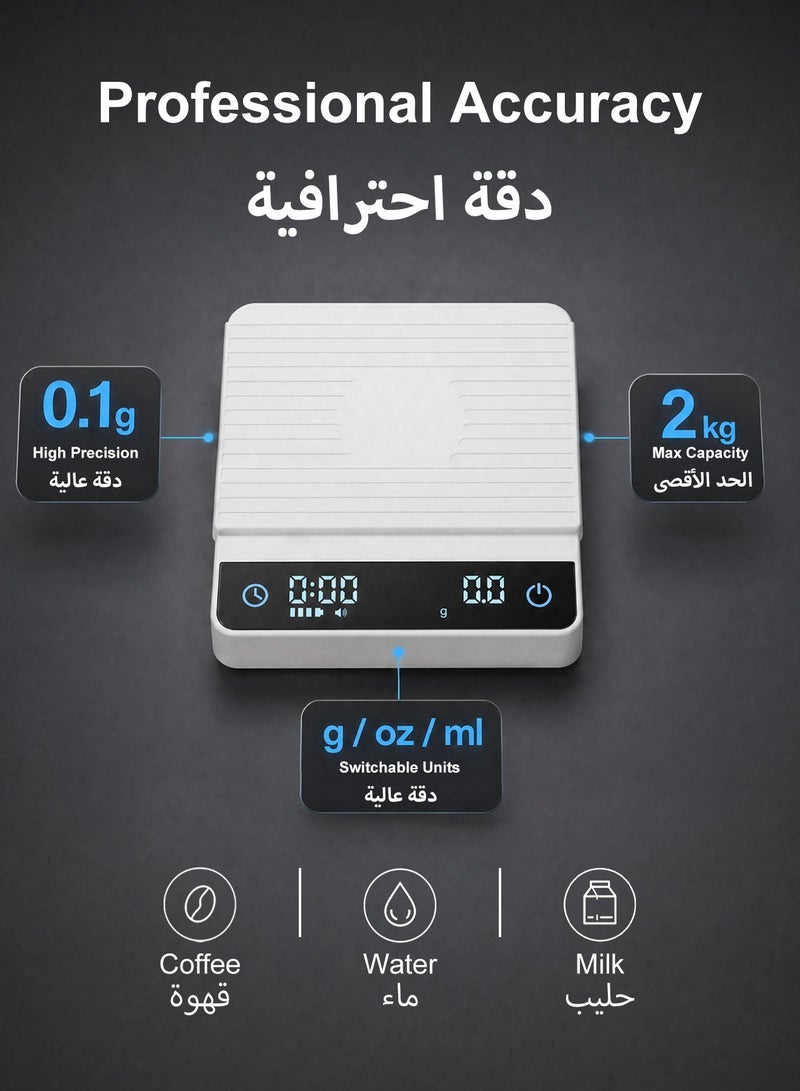 ميزان قهوة ميني ذكي مع مؤقت، دقة 0.1 جرام، سعة 2 كجم، قابل للشحن عبر Type-C، 3 أوضاع، أبيض - Image 3