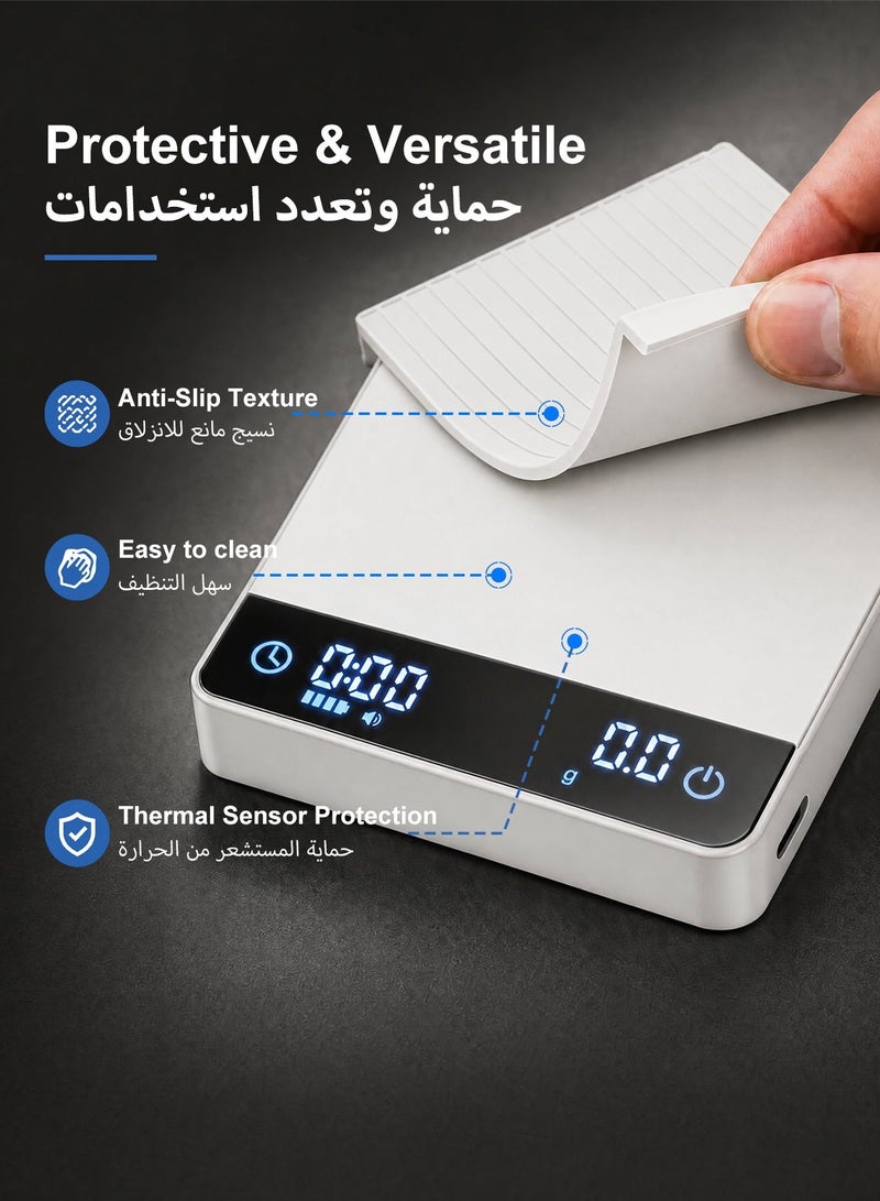 ميزان قهوة ميني ذكي مع مؤقت، دقة 0.1 جرام، سعة 2 كجم، قابل للشحن عبر Type-C، 3 أوضاع، أبيض - Image 5