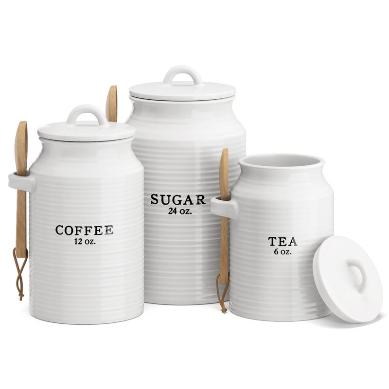 Barnyard Designs Canister Set for Kitchen Counter Coffee Tea Sugar Container Ceramic Set Decorative Canisters Rustic Farmhouse Canister Jars White CoffeeSugarTea