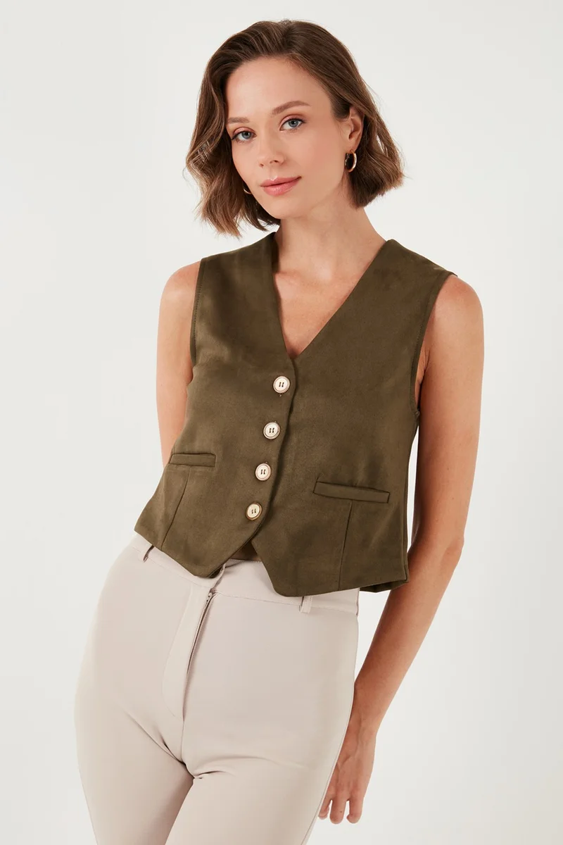 Lela Fitted Scuba Suede V Neck Buttoned Vest Women's Vest 5865576