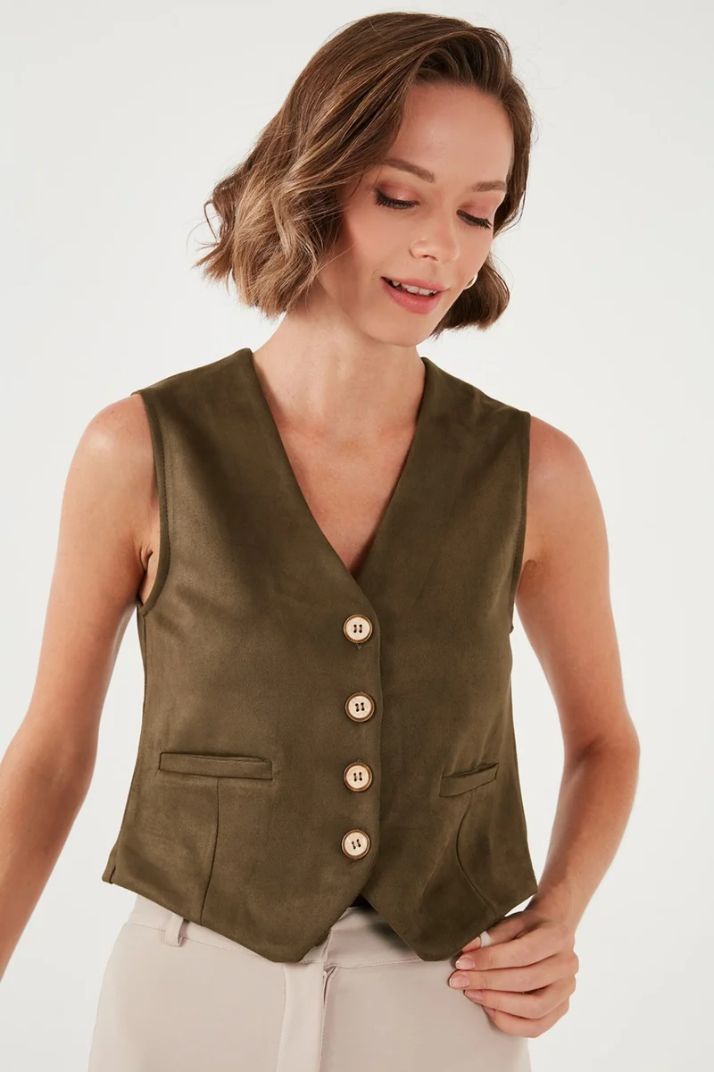 Lela Fitted Scuba Suede V Neck Buttoned Vest Women's Vest 5865576