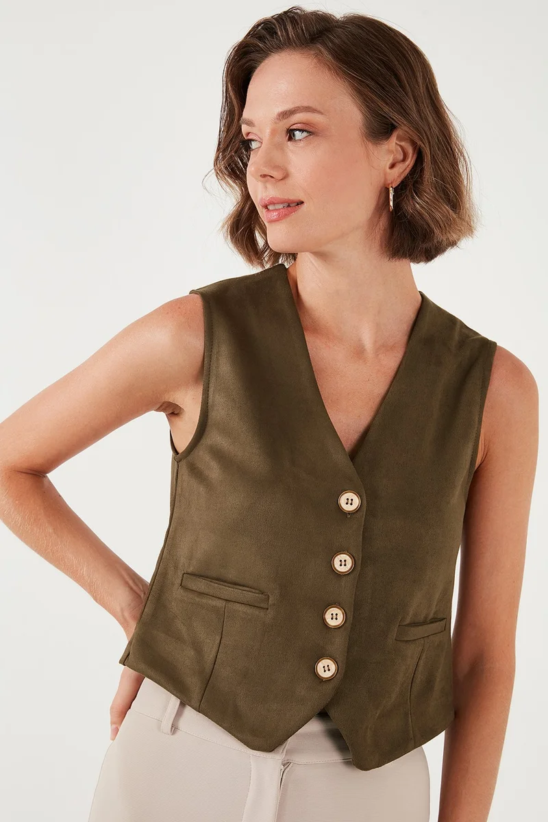 Lela Fitted Scuba Suede V Neck Buttoned Vest Women's Vest 5865576