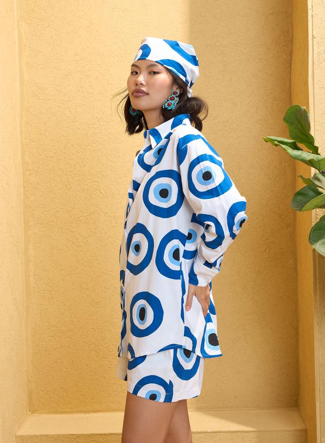 Sassafras White Evil Eye Print Oversized Shirt With Shorts - Image 3