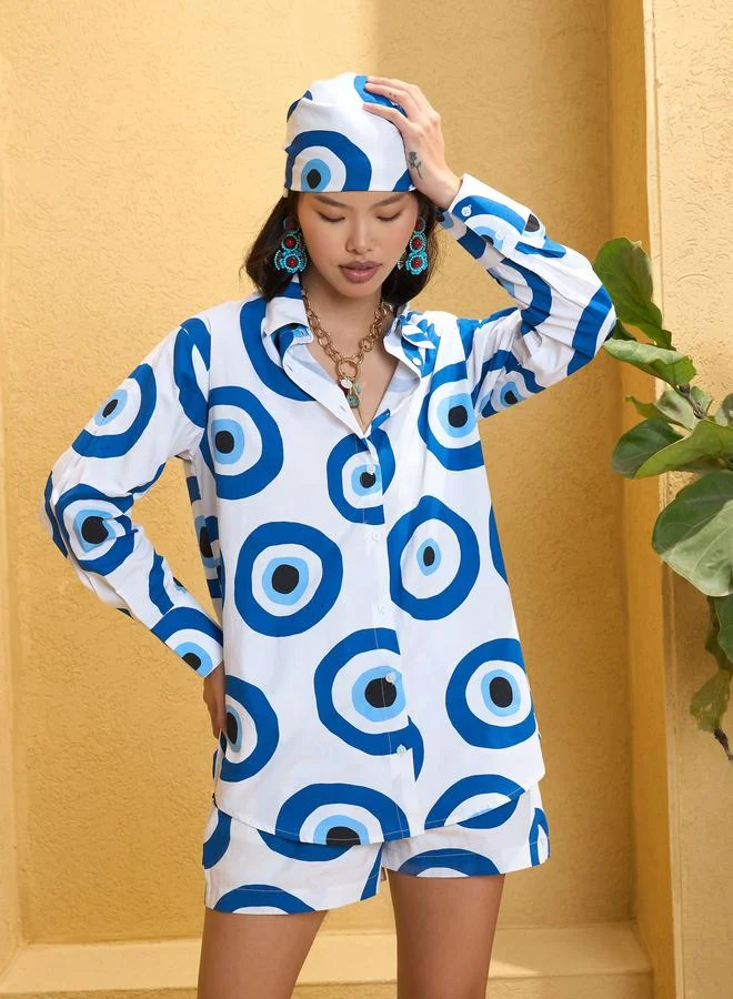 Sassafras White Evil Eye Print Oversized Shirt With Shorts