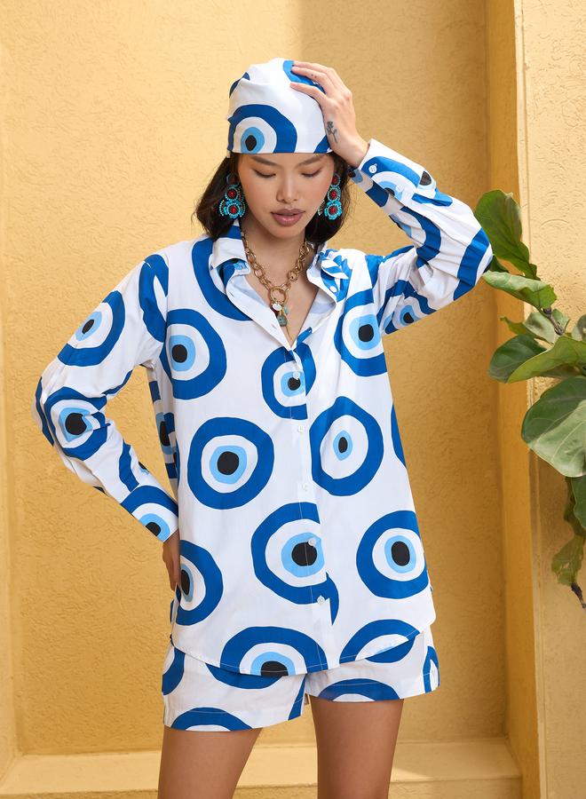 Sassafras White Evil Eye Print Oversized Shirt With Shorts - Image 1