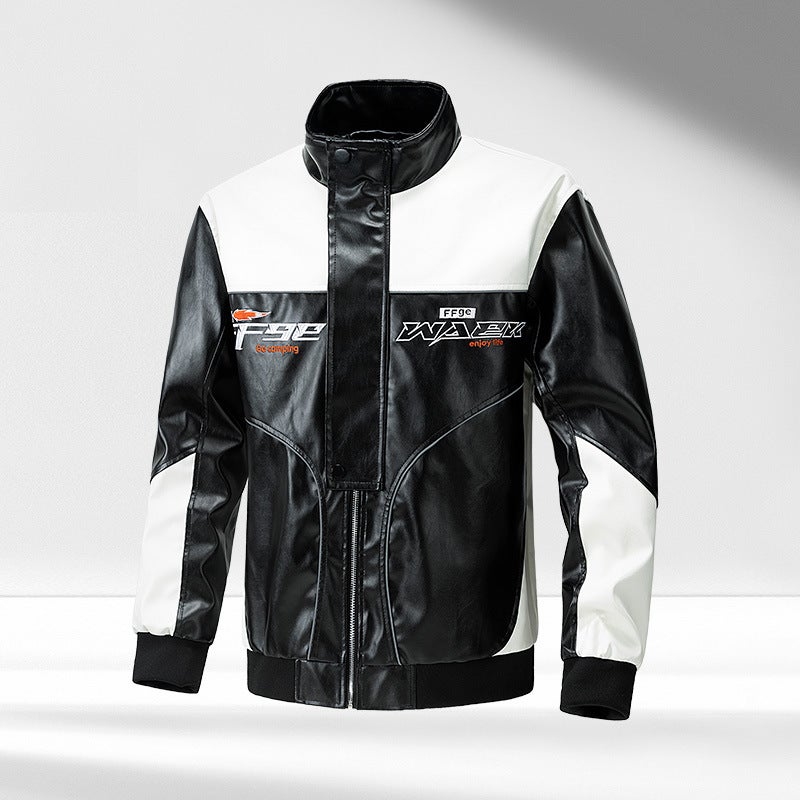 2024 Fashion All-Match Simple Color Matching Collar Leather Jacket Motorcycle Jacket Fashionable Leather Jacket - Image 3