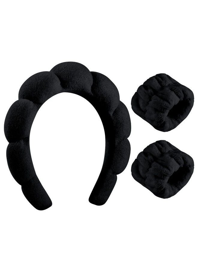 WSICSE - Sponge Spa Headband For Women Soft Makeup Headband And Wrist Washband Set Black Skincare Headbands For Face Washing Shower Makeup Removal - Image 1