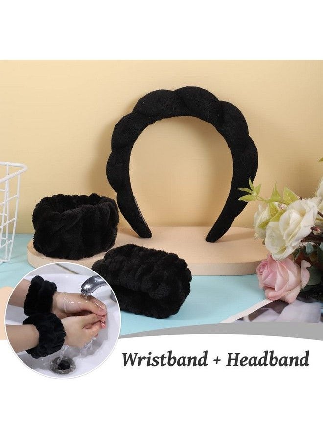 WSICSE - Sponge Spa Headband For Women Soft Makeup Headband And Wrist Washband Set Black Skincare Headbands For Face Washing Shower Makeup Removal - Image 1