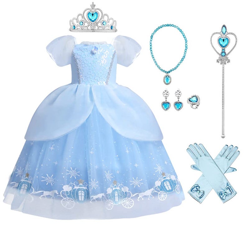 IBAKOM Kids Cinderella Dress up Girls Princess Costume Fairy Tale Sophia Rapunzel Cosplay Fancy Dress Halloween Carnival Outfit, Blue-04, 2-3 Years - Image 1