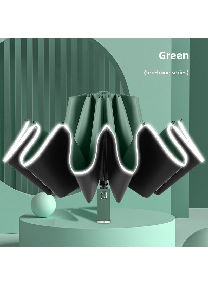 Automatic Reverse Umbrella with Flashlight Color Handle Reverse Umbrella Opaque Black Olive Green - Image 1