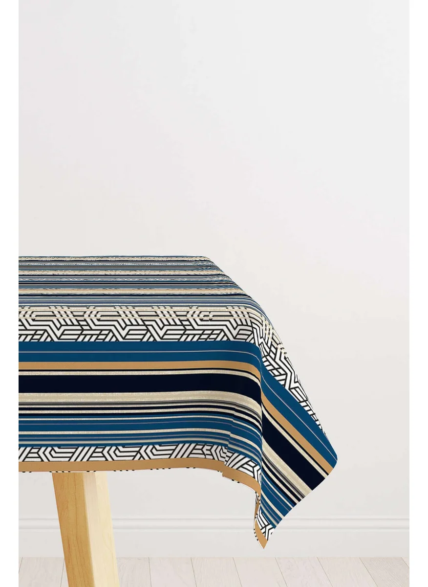 Cango Home Navy Blue Beige Striped Modern Digital Printed Tablecloth CGH489-MS