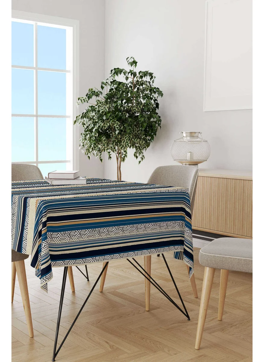 Cango Home Navy Blue Beige Striped Modern Digital Printed Tablecloth CGH489-MS