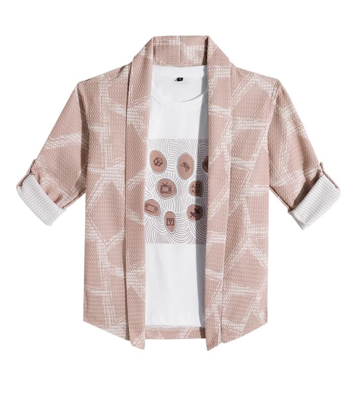 CHARCHIT Boys Printed Full Sleeves Casual Shrug & T-Shirt in Peach - Image 1