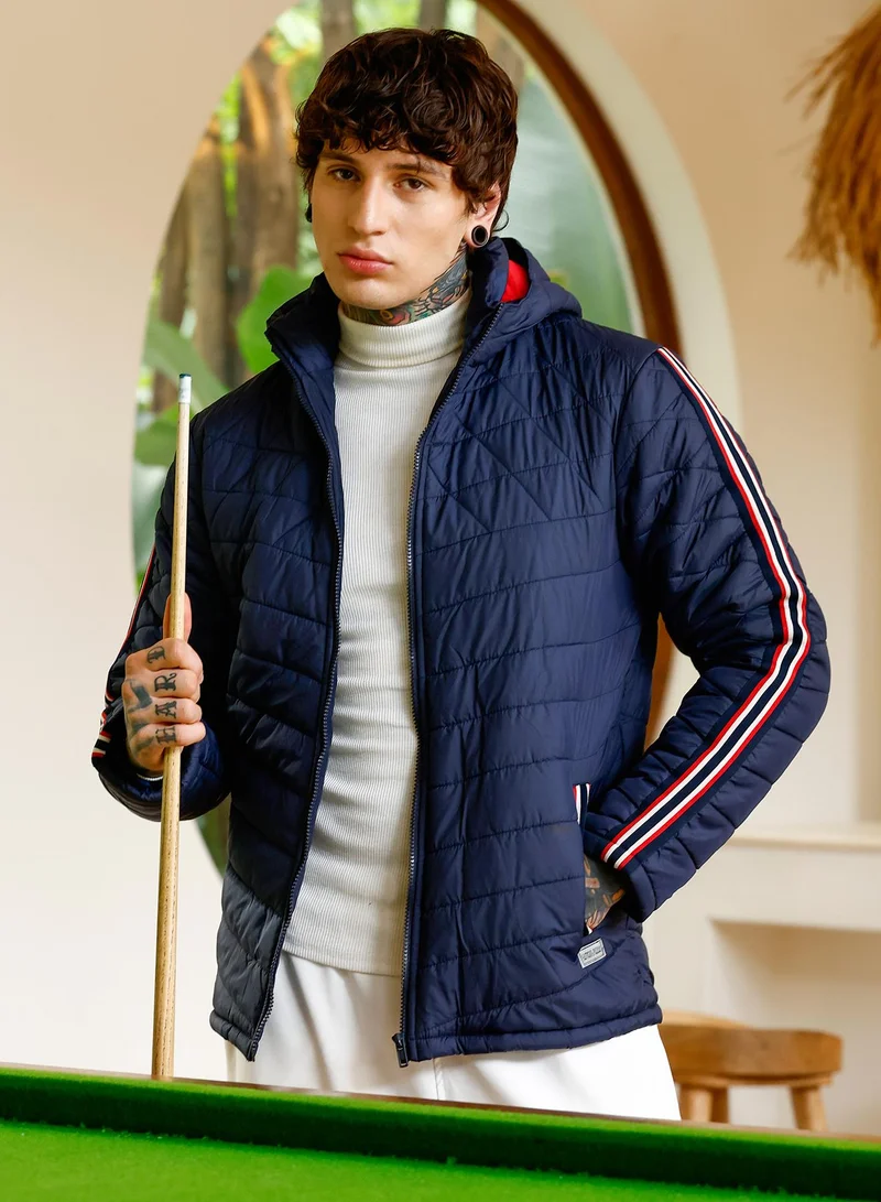 Men's Side-Striped Quilted Puffer Jacket | Hood-Stand Collar , Long Regular Sleeves , Zipper Closure , Straight Hem | Side-Stripe Woven Quilted For Casual & Daily | Navy Blue