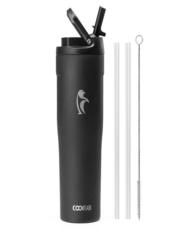 Coolflask 32 oz Insulated Water Bottle - Slim Tumbler with Straw & Handle - Car Cup Holder Friendly - Stainless Steel Thermo Flask for Sports, Gym, Travel, Office, Dishwasher Safe, Black - Image 1