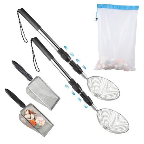 PAMISO Beach Sand Sifter 2 Beach Sifting Sand Telescoping Pole Sets with Scoops Baskets Mesh Bag for Picking Up Shells Shovels Shark Teeth - Image 1