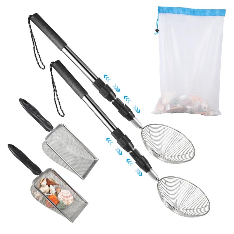 PAMISO Beach Sand Sifter 2 Beach Sifting Sand Telescoping Pole Sets with Scoops Baskets Mesh Bag for Picking Up Shells Shovels Shark Teeth - Image 3
