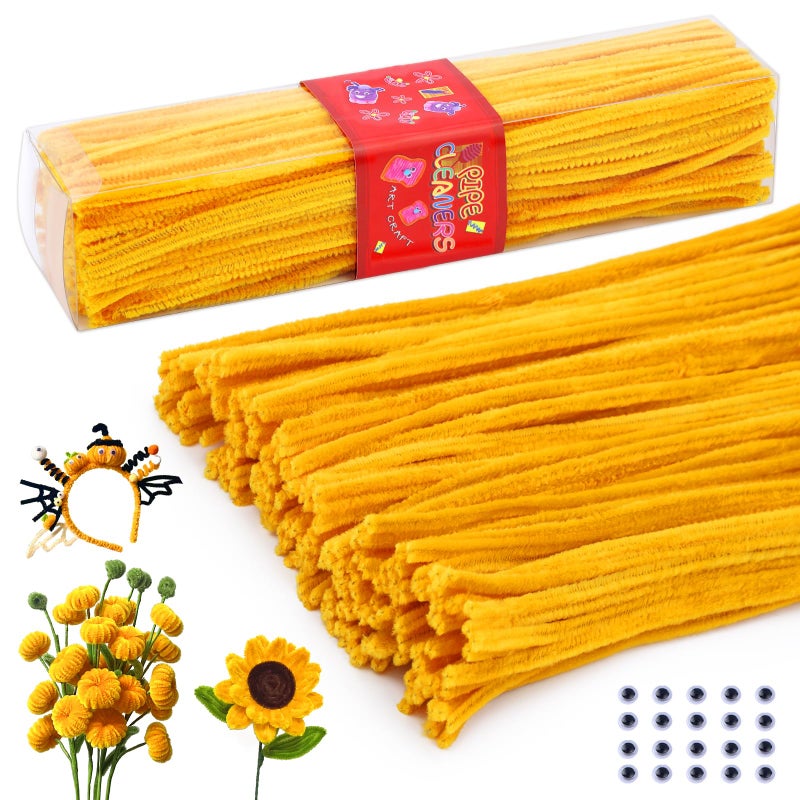 LOKUNN Pipe Cleaners, 200 Pcs Yellow Pipe Cleaners Craft Set, Solid Color Chenille Stems, DIY Arts and Crafts with Adhesive Eyes and Storage Box, Christmas Halloween Decoration Art Supplies - Image 1