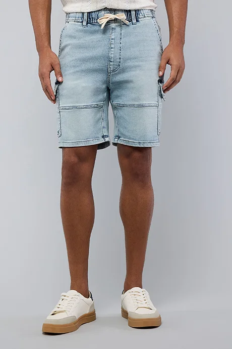 R&B Washed Cargo Denim Shorts with Drawstring Waist
